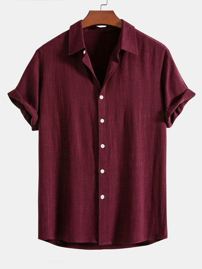 Linen Rayon Blend Button Up Shirt & Crinkled Textured Drawstring Shorts
