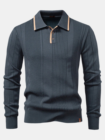 Long Sleeved Knitted Stripe Jacquard Polo Shirt & Slim Fit Tapered Trousers