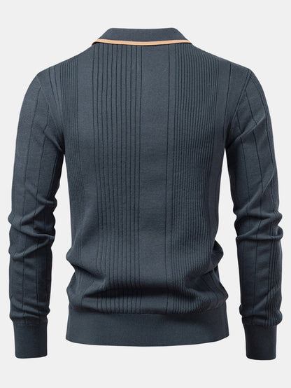 Long Sleeved Knitted Stripe Jacquard Polo Shirt & Slim Fit Tapered Trousers