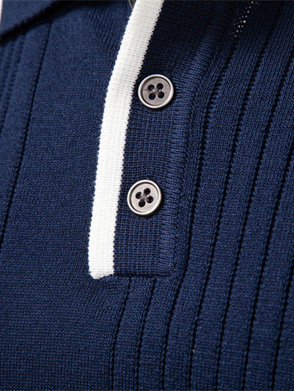 Long Sleeved Knitted Stripe Jacquard Polo Shirt & Slim Fit Tapered Trousers