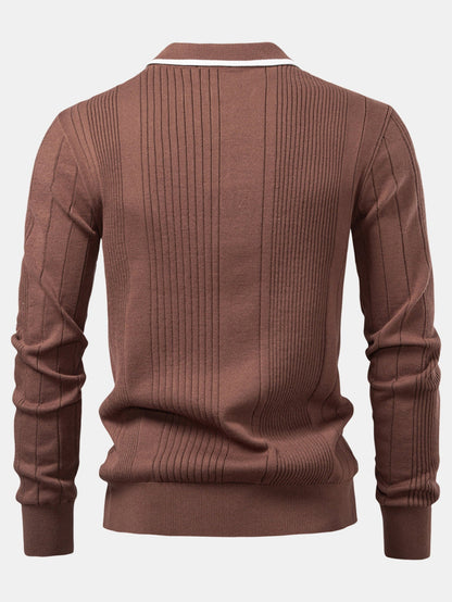 Long Sleeved Knitted Stripe Jacquard Polo Shirt & Slim Fit Tapered Trousers