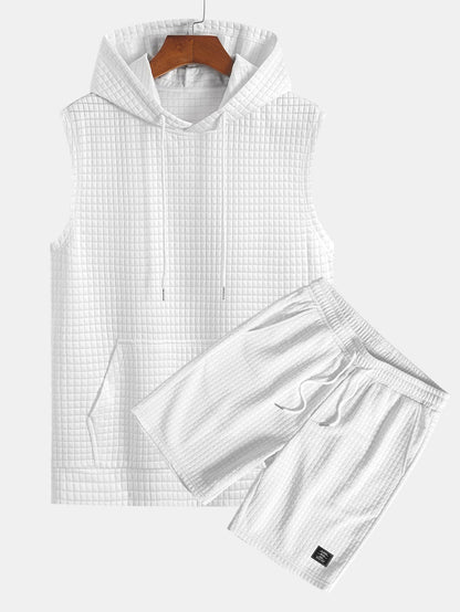 Waffle Sleeveless Hooded T-Shirt With Kangaroo Pocket & Shorts