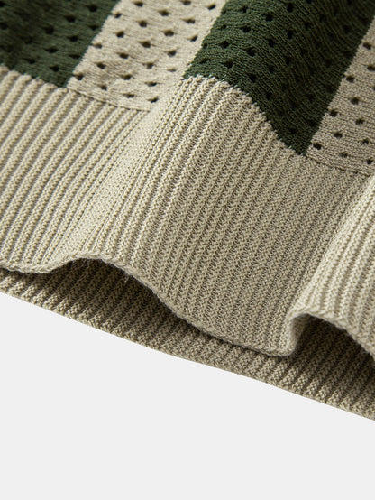 Striped Eyelet Knit Zip Up Polo Shirt & Straight Leg Linen Pants