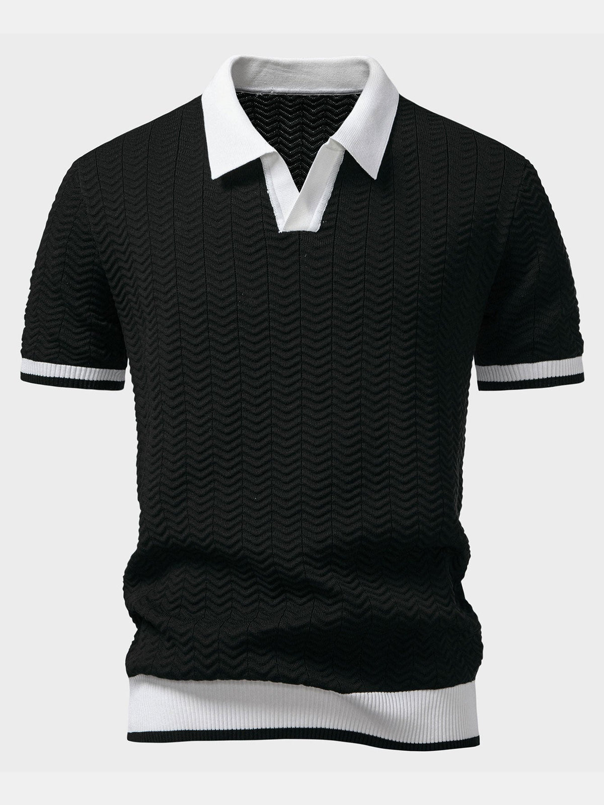 Texture Contrast Knitted V Neck Polo Shirt & Straight Leg Ribbed Pants