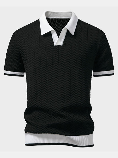Texture Contrast Knitted V Neck Polo Shirt & Straight Leg Ribbed Pants