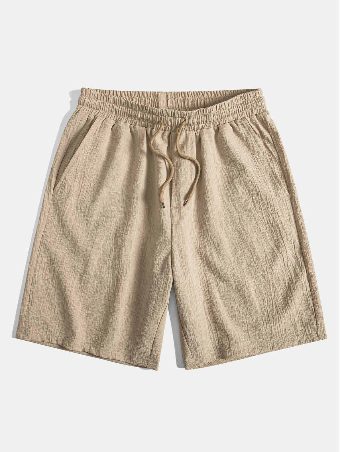 Geometric Striped Jacquard Button Up Shirt & Crinkled Textured Drawstring Shorts