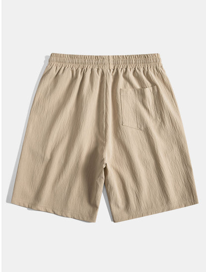 Geometric Striped Jacquard Button Up Shirt & Crinkled Textured Drawstring Shorts