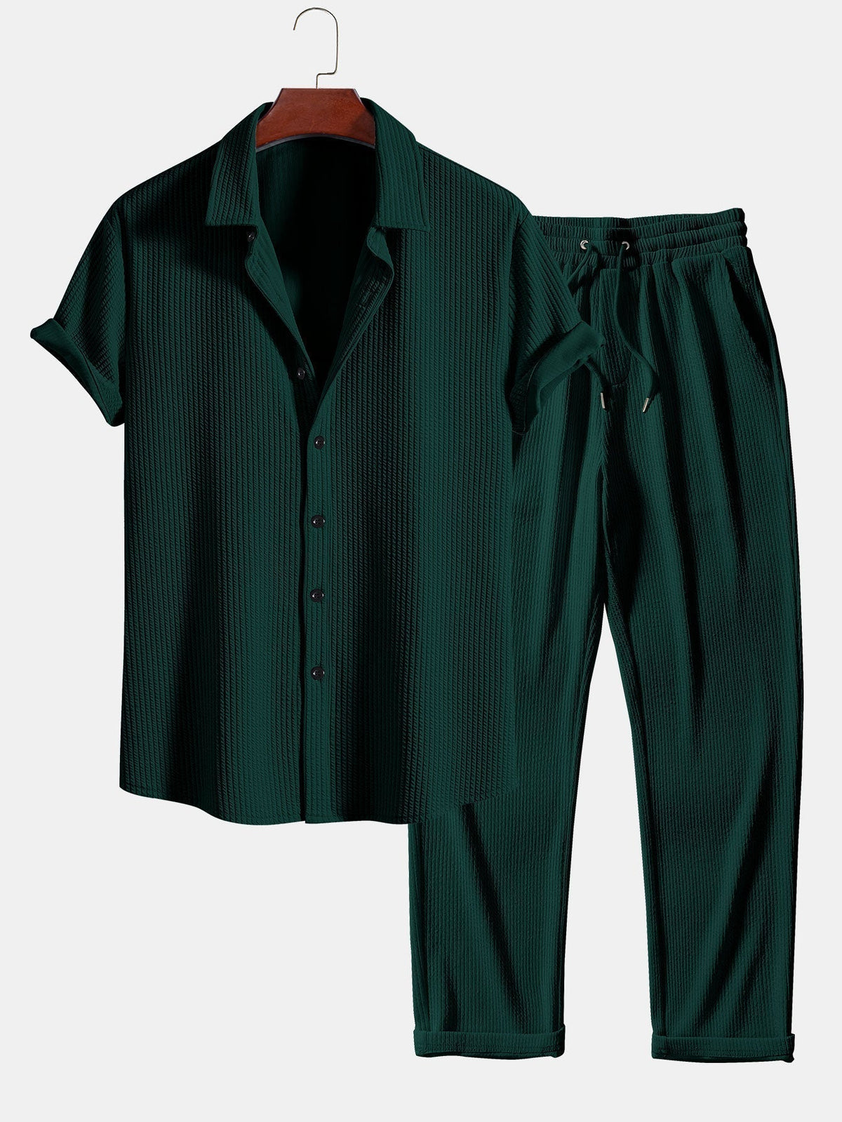 Muscle Fit Ribbed Button Up Shirt & Straight Leg Ribbed Pants