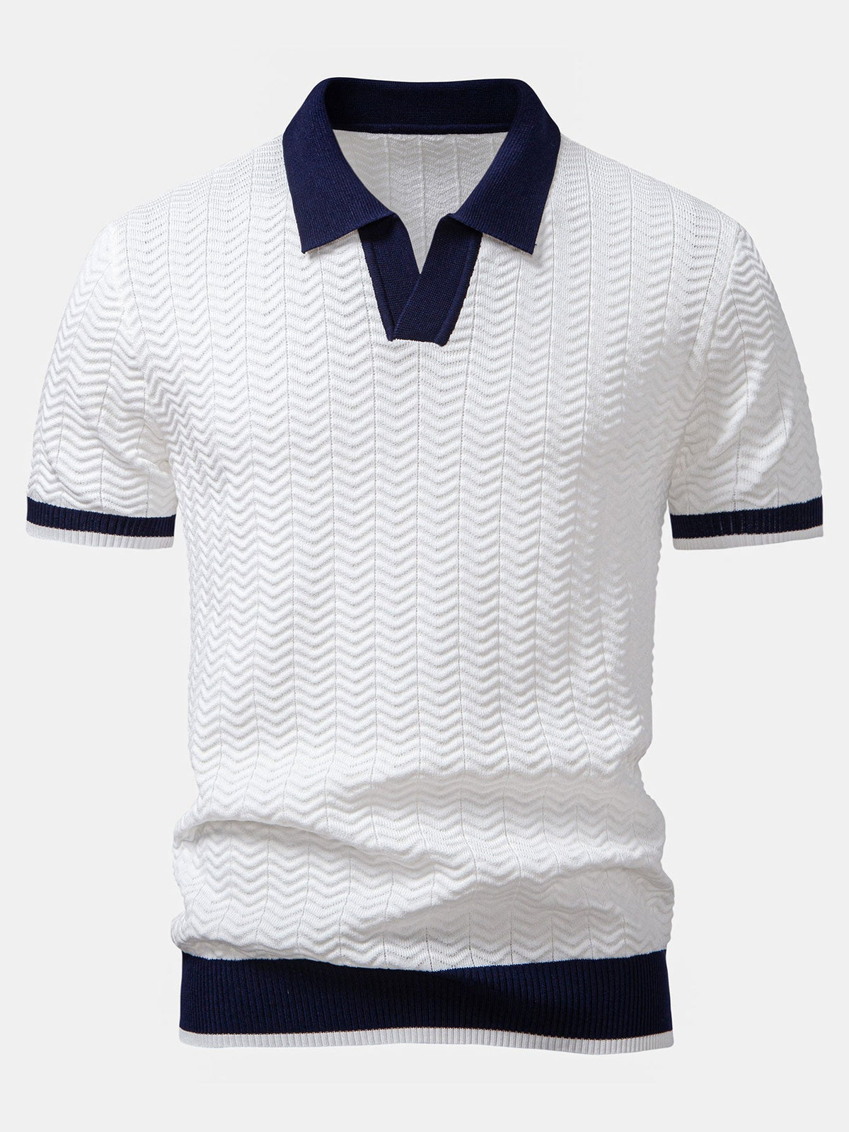 Texture Contrast Knitted V Neck Polo Shirt & Cotton Chino Shorts