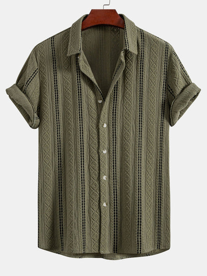Geometric Striped Jacquard Button Up Shirt & Crinkle Textured Straight Leg Pants