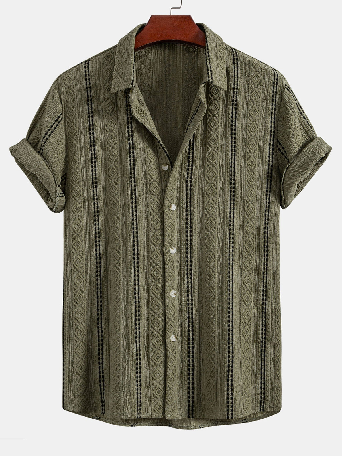 Geometric Striped Jacquard Button Up Shirt & Crinkled Textured Drawstring Shorts
