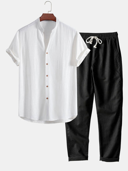V Neck Linen Rayon Blend Shirt & Straight Leg Linen Pants