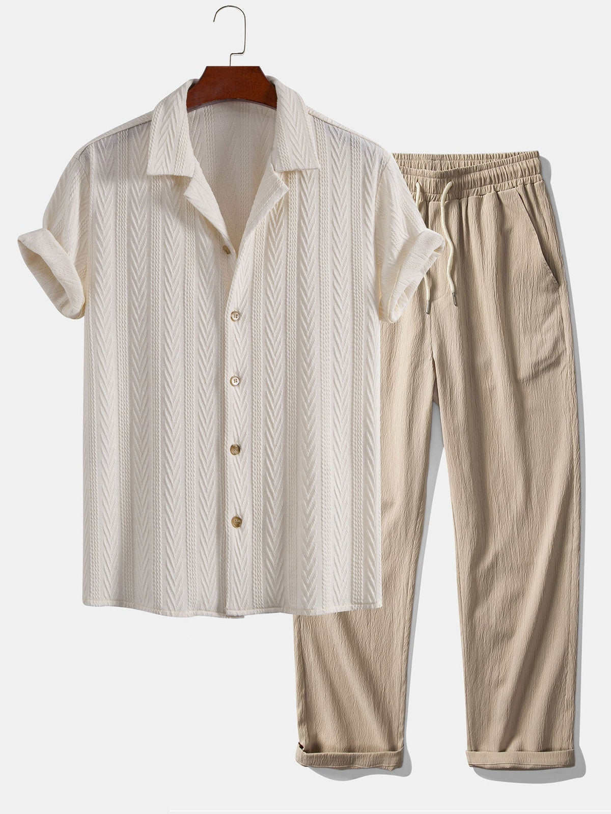 Texture Jacquard Cuban Shirt & Wrinkle Textured Straight Leg Pants