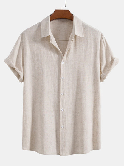 Linen Rayon Blend Button Up Shirt & Crinkled Textured Drawstring Shorts