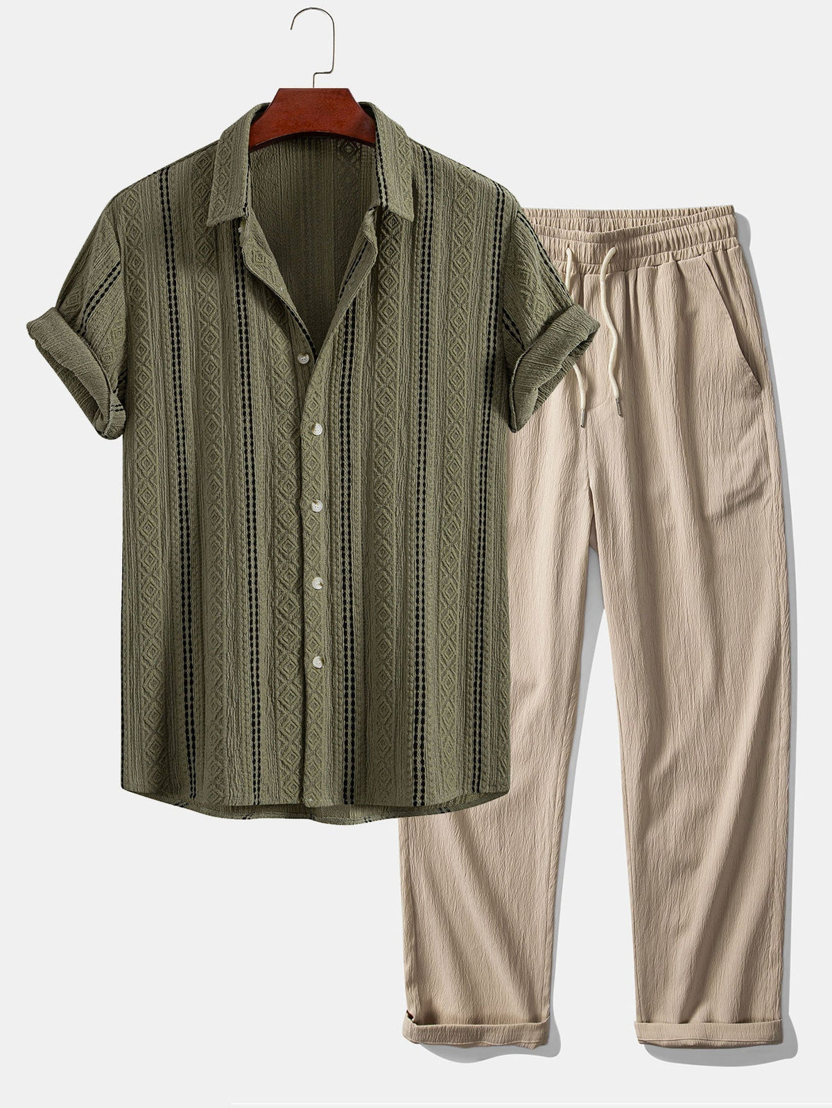 Geometric Striped Jacquard Button Up Shirt & Crinkle Textured Straight Leg Pants