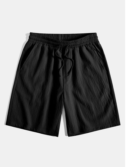 Geometric Striped Jacquard Button Up Shirt & Crinkled Textured Drawstring Shorts