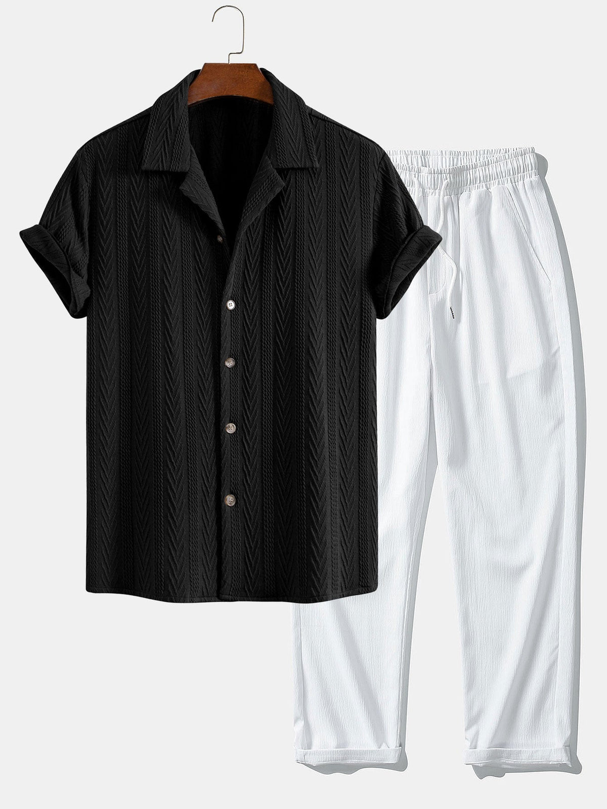 Texture Jacquard Cuban Shirt & Wrinkle Textured Straight Leg Pants