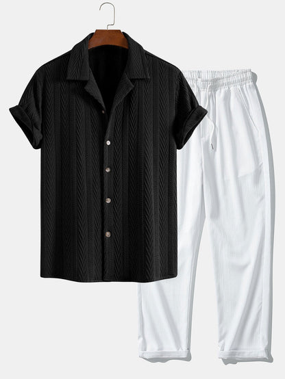 Texture Jacquard Cuban Shirt & Wrinkle Textured Straight Leg Pants