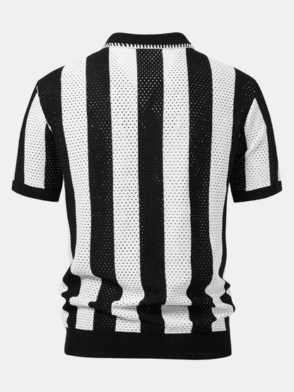 Striped Eyelet Knit Zip Up Polo Shirt & Straight Leg Linen Pants