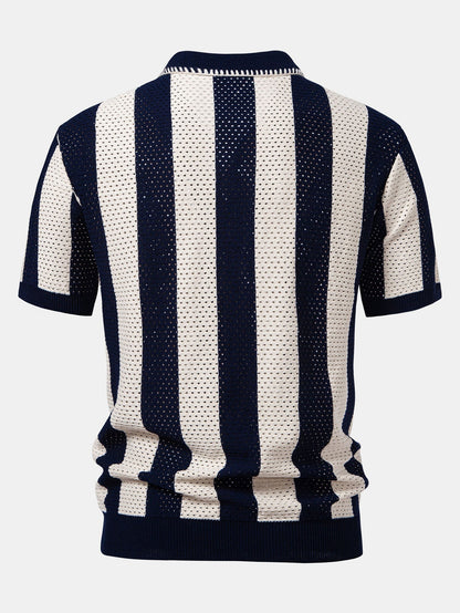Striped Eyelet Knit Zip Up Polo Shirt & Straight Leg Linen Pants