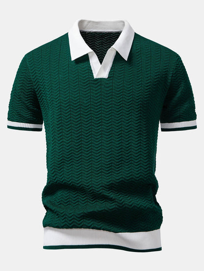 Texture Contrast Knitted V Neck Polo Shirt & Straight Leg Ribbed Pants