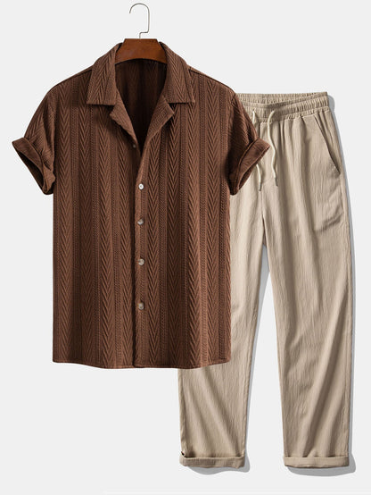 Texture Jacquard Cuban Shirt & Wrinkle Textured Straight Leg Pants