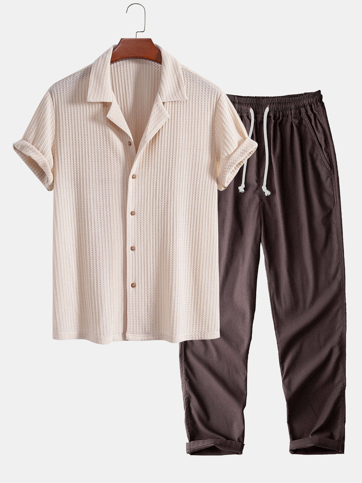 Short Sleeve Knitted Waffle Cuban Shirt & Straight Leg Linen Pants