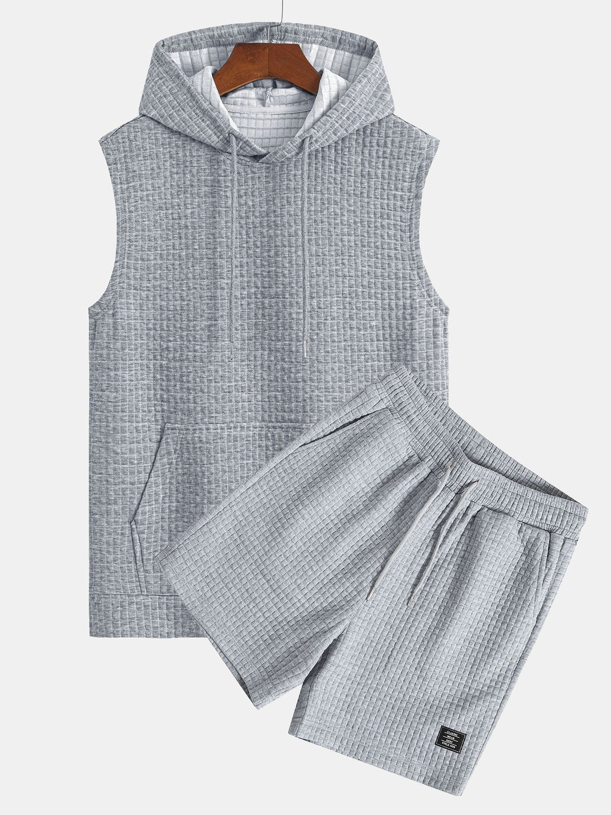 Waffle Sleeveless Hooded T-Shirt With Kangaroo Pocket & Shorts