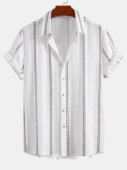 Geometric Striped Jacquard Button Up Shirt & Crinkle Textured Straight Leg Pants