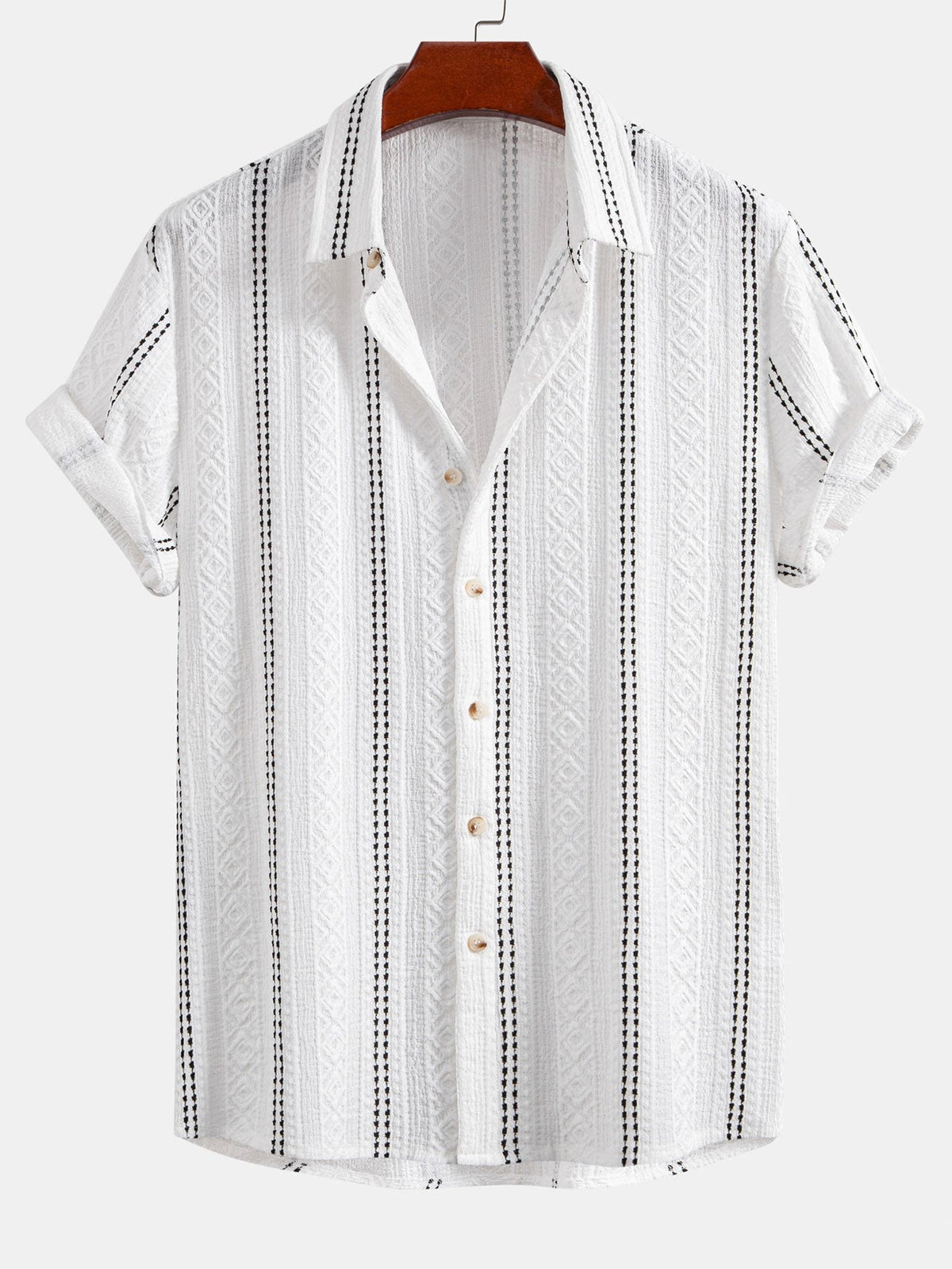 Geometric Striped Jacquard Button Up Shirt & Crinkled Textured Drawstring Shorts
