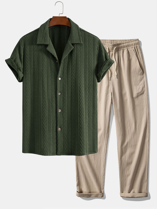 Texture Jacquard Cuban Shirt & Wrinkle Textured Straight Leg Pants