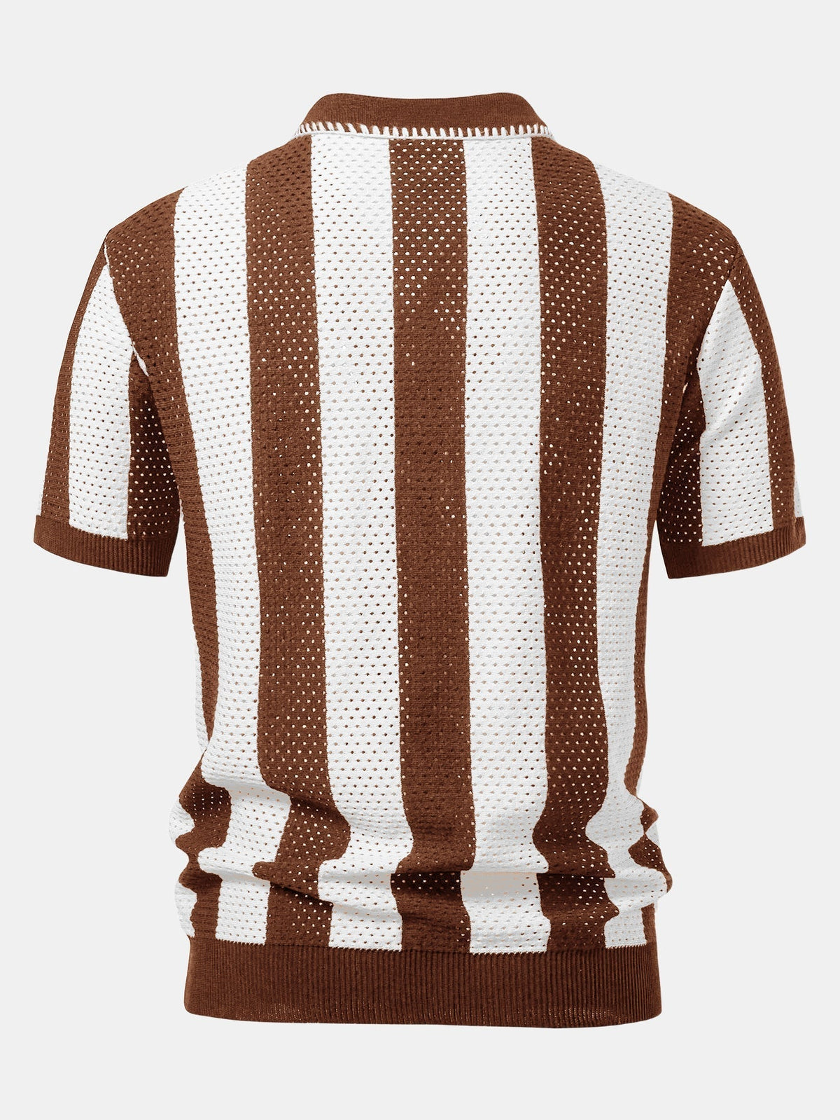 Striped Eyelet Knit Zip Up Polo Shirt & Straight Leg Linen Pants