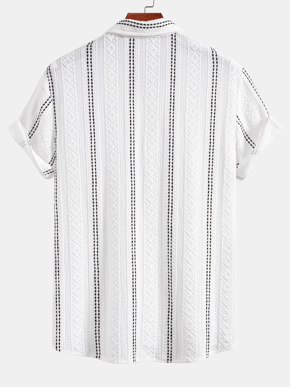Geometric Striped Jacquard Button Up Shirt & Crinkle Textured Straight Leg Pants