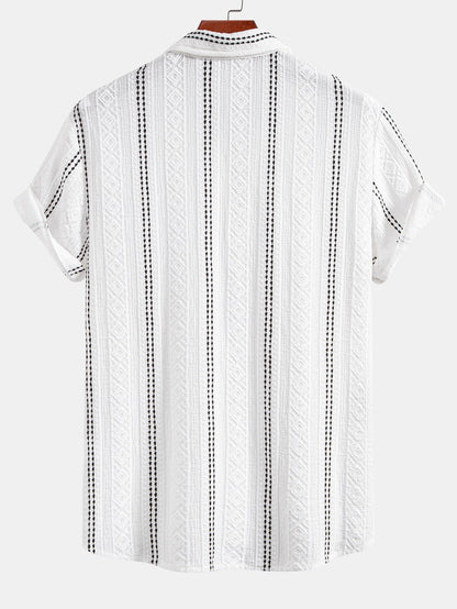 Geometric Striped Jacquard Button Up Shirt & Crinkled Textured Drawstring Shorts