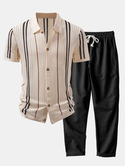 Stripe Crochet Button Up Shirt & Straight Leg Linen Pants