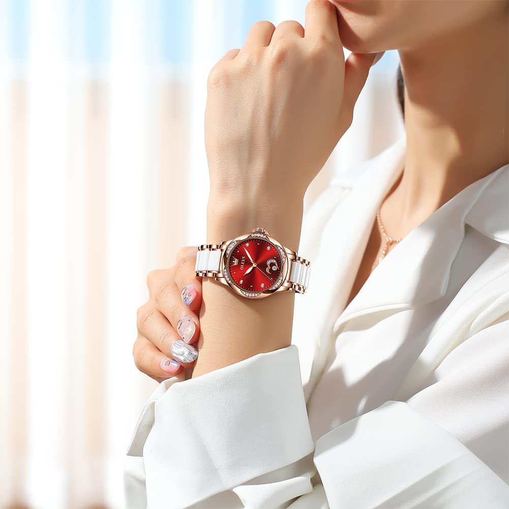 OLEVS Womens Automatic Watch, Premium Large Face Diamond Accented Self Winding Watches for Women, Fashion Waterproof Ladies Dress Watch, Two Tone Stainless Steel Ceramic Bracelet