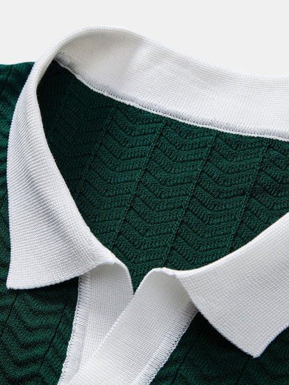 Texture Contrast Knitted V Neck Polo Shirt & Straight Leg Ribbed Pants