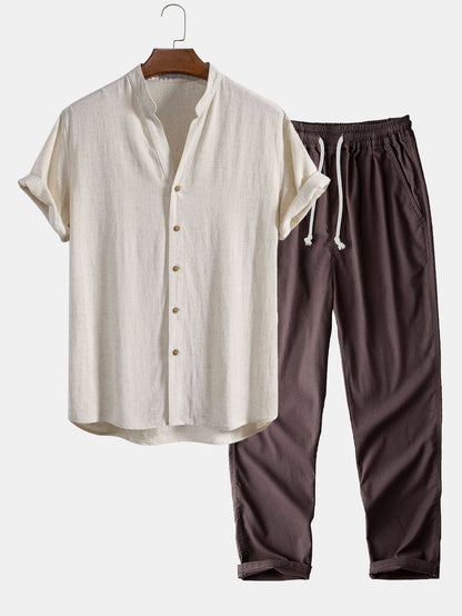 V Neck Linen Rayon Blend Shirt & Straight Leg Linen Pants