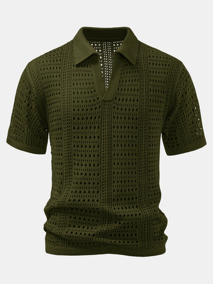 Crochet  V Neck Polo Shirt & Straight Leg Linen Pants