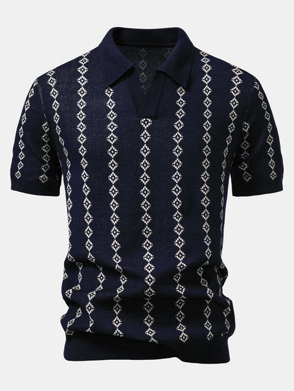 Geometric Knit V Neck Polo Shirt & Slim Fit Tapered Trousers