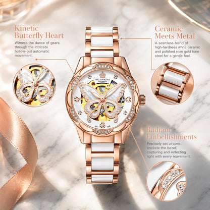 Vetra Women Watches Automatic Luxury Diamond Dress Ladies Watch Fashion Waterproof Ceramic Strap Rose Gold Self Winding Female Wrist Watch