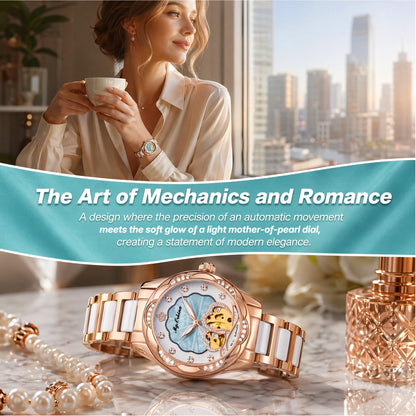 Vetra Women Watches Automatic Luxury Diamond Dress Ladies Watch Fashion Waterproof Ceramic Strap Rose Gold Self Winding Female Wrist Watch