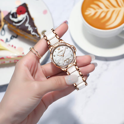 OLEVS Womens Automatic Watch, Premium Large Face Diamond Accented Self Winding Watches for Women, Fashion Waterproof Ladies Dress Watch, Two Tone Stainless Steel Ceramic Bracelet