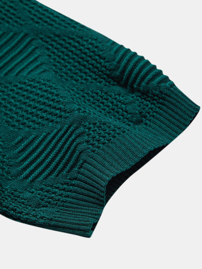 Rhombus Textured Zip Up Knitted Polo Shirt & Slim Fit Tapered Trousers