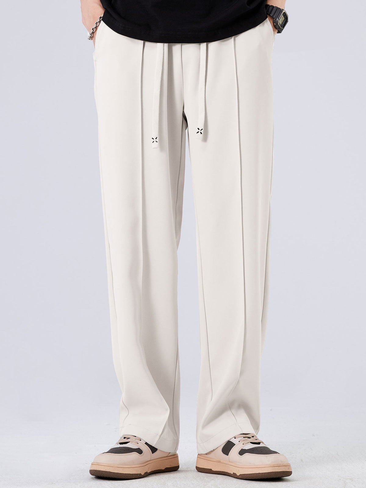Relax Fit Long Sleeve 2 In 1 Waffle T-Shirt & Single Pleat Drawstring Straight Leg Pants