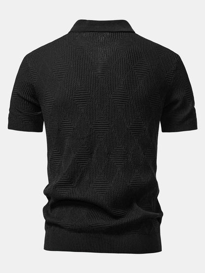 Rhombus Textured Zip Up Knitted Polo Shirt & Slim Fit Tapered Trousers