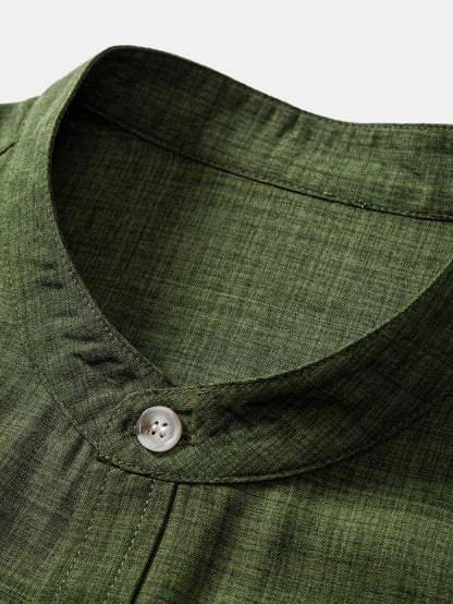 Short Sleeve Stand Collar Shirt & Straight Leg Linen Pants