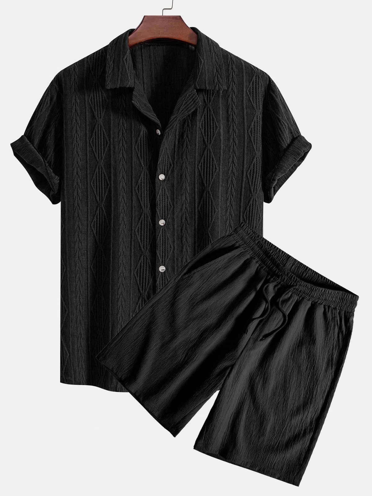 Geometric Jacquard Eyelet Cuban Shirt & Crinkled Textured Drawstring Shorts