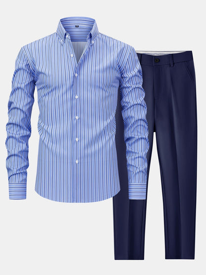 Long Sleeve Stripe Button Up Shirt & Slim Fit Tapered Trousers