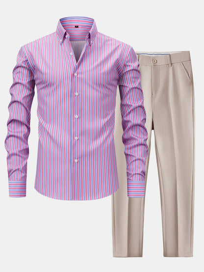 Long Sleeve Stripe Button Up Shirt & Slim Fit Tapered Trousers